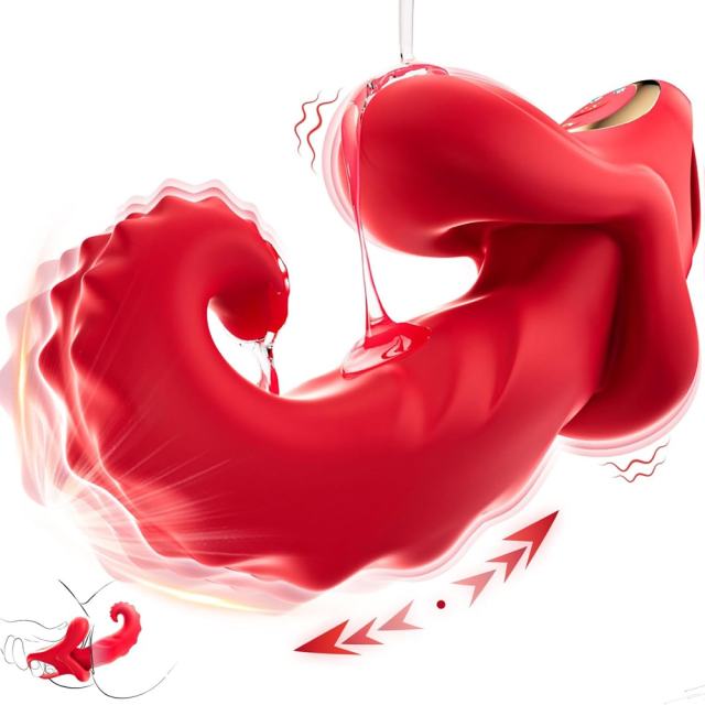 10-Speed Red Rechargeable Thrusting Silicone Vibrator with Licking Tongue and App Control