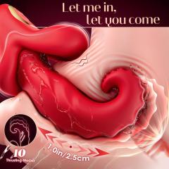 10-Speed Red Rechargeable Thrusting Silicone Vibrator with Licking Tongue and App Control