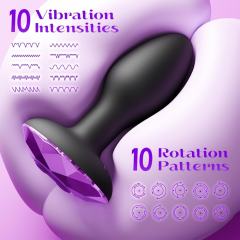 10-Speed Black Silicone Vibrating & Rotating Vibrator with Remote Control and Purple Crystal Base