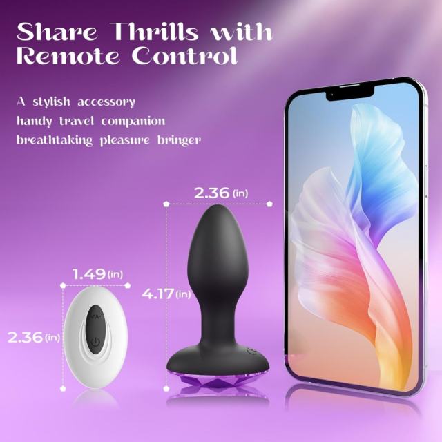 10-Speed Black Silicone Vibrating & Rotating Vibrator with Remote Control and Purple Crystal Base