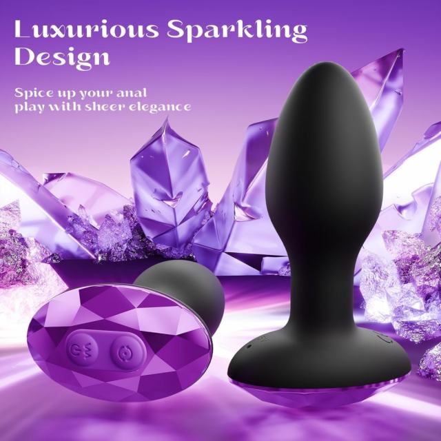 10-Speed Black Silicone Vibrating & Rotating Vibrator with Remote Control and Purple Crystal Base