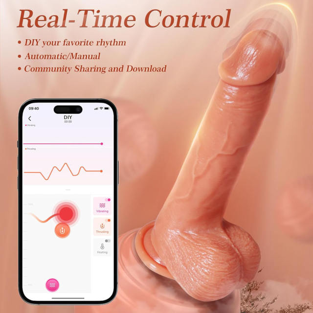 9-Speed Flesh Color App-Controlled Rechargeable Thrusting Silicone Dildo with Vibration & Heating