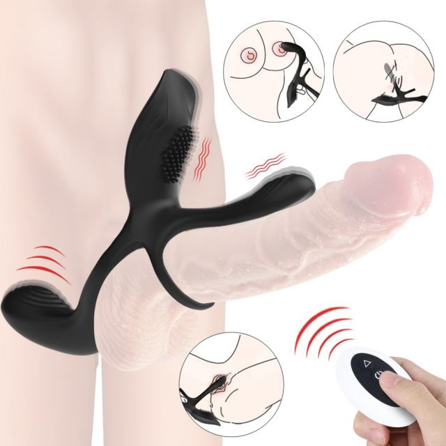 10-Speed Black 3-in-1 Rechargeable Silicone Vibrating Cock Ring for Couples