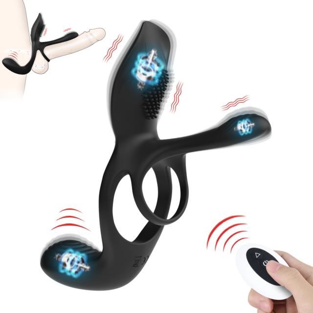 10-Speed Black 3-in-1 Rechargeable Silicone Vibrating Cock Ring for Couples