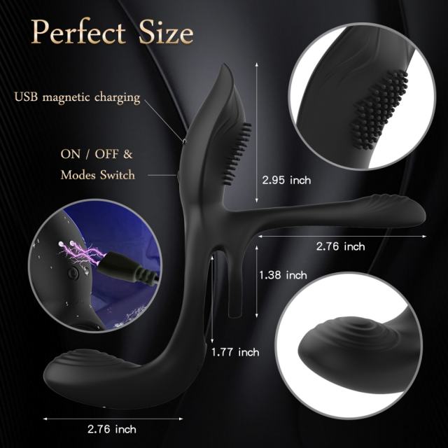 Customizable 10-Speed Black 3-in-1 Rechargeable Silicone Vibrating Cock Ring for Couples
