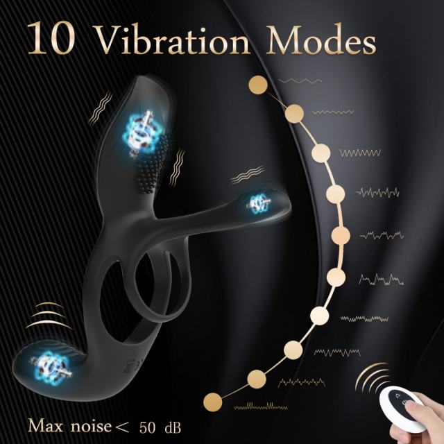 10-Speed Black 3-in-1 Rechargeable Silicone Vibrating Cock Ring for Couples