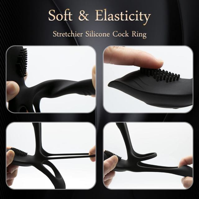 10-Speed Black 3-in-1 Rechargeable Silicone Vibrating Cock Ring for Couples