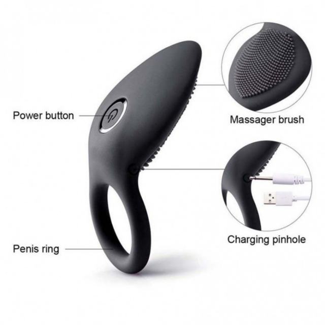 10-Mode Black Rechargeable Waterproof Silicone Vibrating Cock Ring
