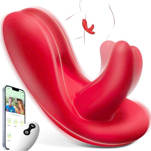 9-Speed Red App-Controlled Wearable Panty Vibrator with Vibrating Tongue and Remote Controller