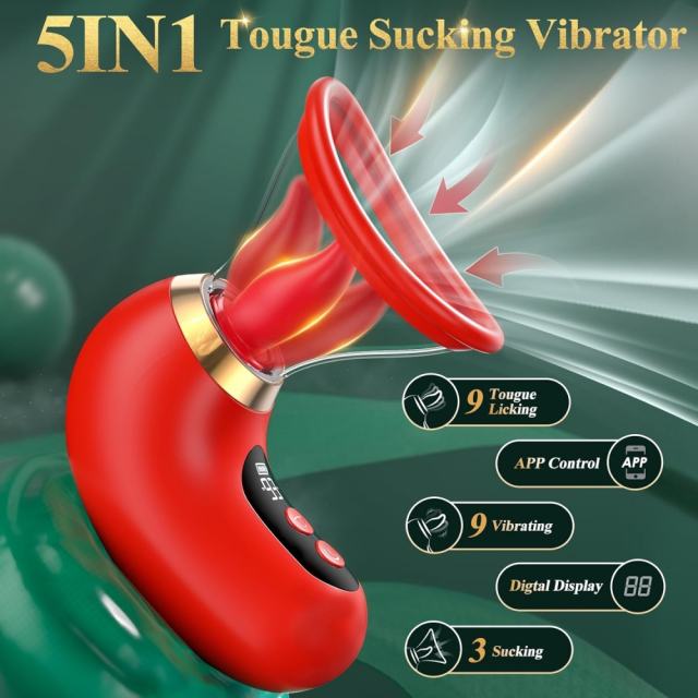 3-Mode Sucking and 9-Mode Tongue Licking Red App-Controlled Rechargeable Silicone Clitoral Stimulator with LCD Display and Removable Cup