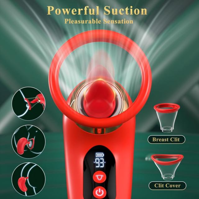 3-Mode Sucking and 9-Mode Tongue Licking Red App-Controlled Rechargeable Silicone Clitoral Stimulator with LCD Display and Removable Cup