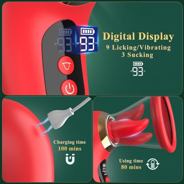3-Mode Sucking and 9-Mode Tongue Licking Red App-Controlled Rechargeable Silicone Clitoral Stimulator with LCD Display and Removable Cup