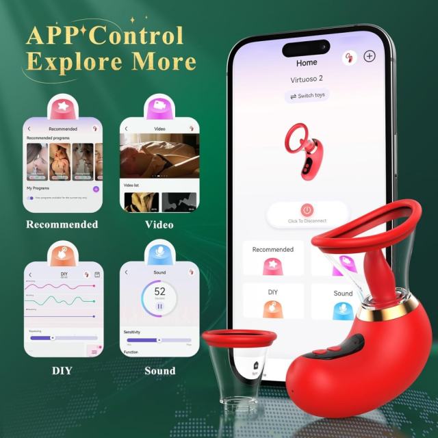 3-Mode Sucking and 9-Mode Tongue Licking Red App-Controlled Rechargeable Silicone Clitoral Stimulator with LCD Display and Removable Cup