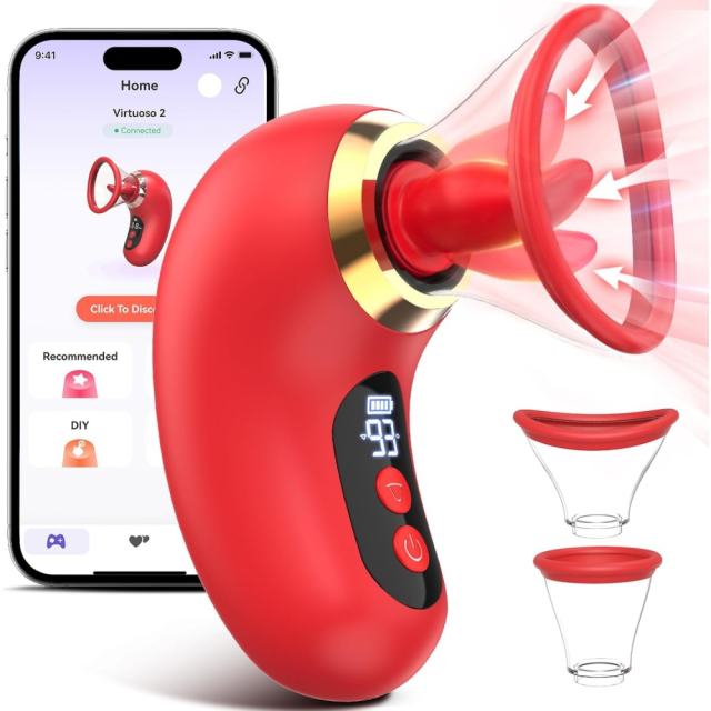 3-Mode Sucking and 9-Mode Tongue Licking Red App-Controlled Rechargeable Silicone Clitoral Stimulator with LCD Display and Removable Cup