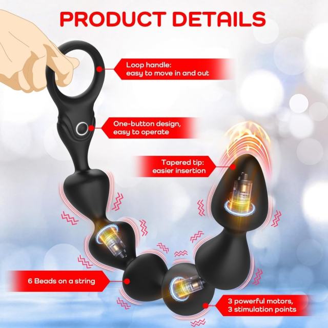 14.4 Inch 10-Speed Black Rechargeable Silicone Vibrating Anal Beads with 3 Strong Motors