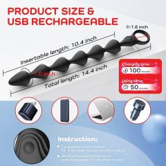 14.4 Inch 10-Speed Black Rechargeable Silicone Vibrating Anal Beads with 3 Strong Motors