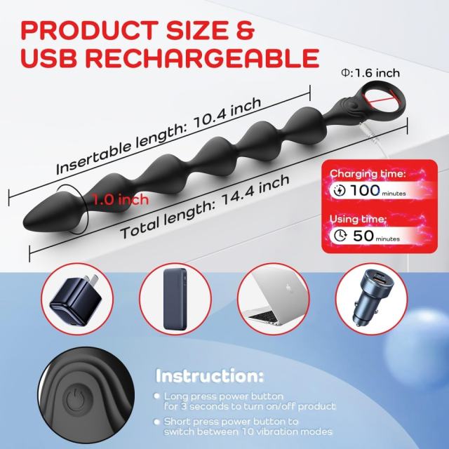14.4 Inch 10-Speed Black Rechargeable Silicone Vibrating Anal Beads with 3 Strong Motors