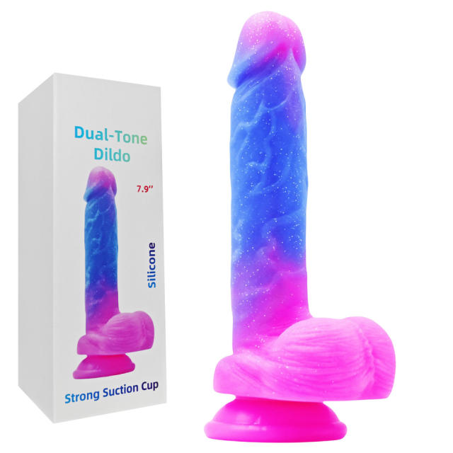 7.88'' Dual-Tone Magenta & Blue Silicone Dildo with Balls and Suction Cup