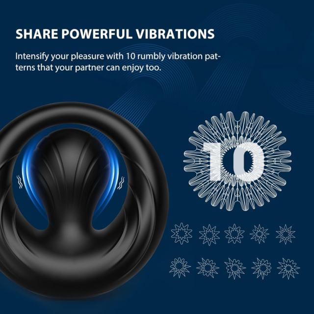 10-Mode Rechargeable Waterproof Silicone Black Vibrating Cock Ring with Magnetic USB Charging