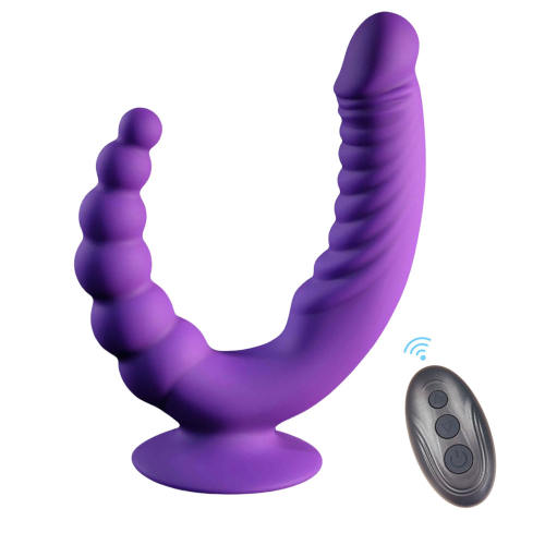 10-Mode Rechargeable Dual-Ended Dark Purple Dildo Vibrator with Anal Beads and Remote Controlled