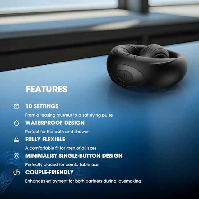 10-Mode Rechargeable Waterproof Silicone Black Vibrating Cock Ring with Magnetic USB Charging
