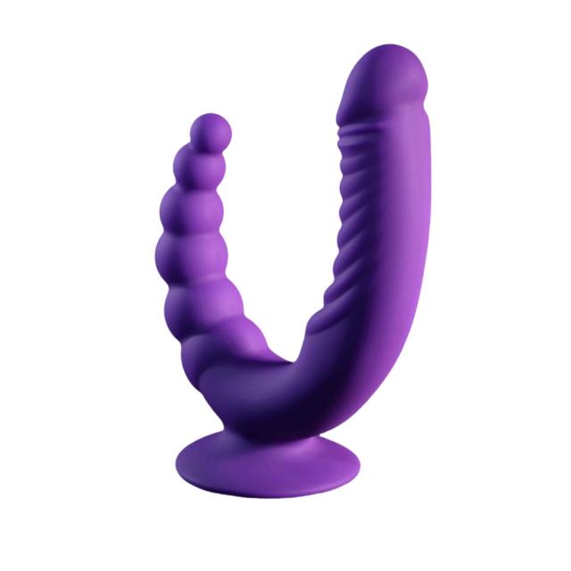 10-Mode Rechargeable Dual-Ended Dark Purple Dildo Vibrator with Anal Beads and Remote Controlled