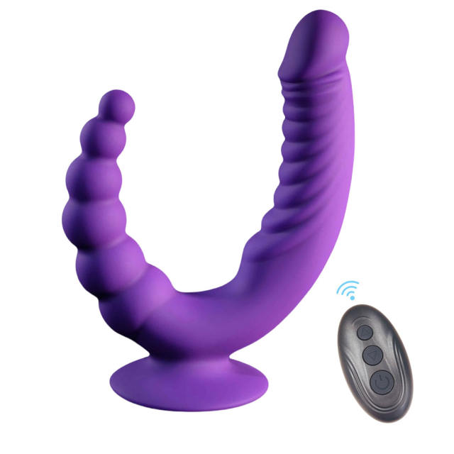 10-Mode Rechargeable Dual-Ended Dark Purple Dildo Vibrator with Anal Beads and Remote Controlled