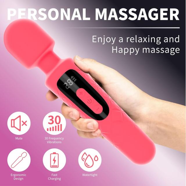 30-Mode Magenta Rechargeable Waterproof Silicone Wand Vibrator with Paowerful Motor and LED Display