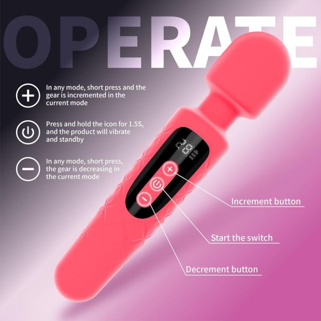 30-Mode Magenta Rechargeable Waterproof Silicone Wand Vibrator with Paowerful Motor and LED Display