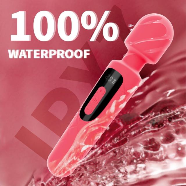 30-Mode Magenta Rechargeable Waterproof Silicone Wand Vibrator with Paowerful Motor and LED Display