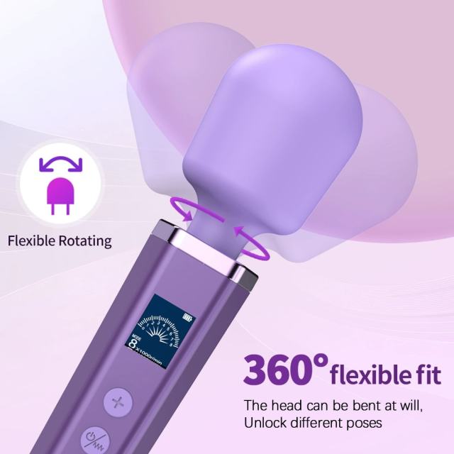 8-Speed Purple Rechargeable Silicone Wand Massager for Clitoral Stimulation with LED Display