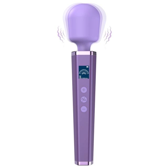 8-Speed Purple Rechargeable Silicone Wand Massager for Clitoral Stimulation with LED Display
