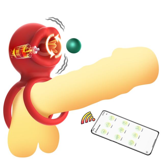 9-Mode App-Controlled Red Vibrating Cock Ring with Vibrating Tongue