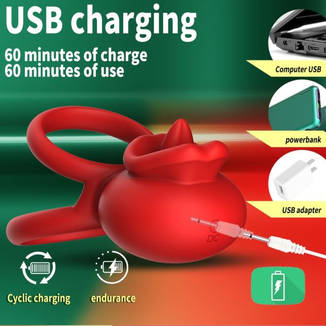 9-Mode App-Controlled Red Vibrating Cock Ring with Vibrating Tongue