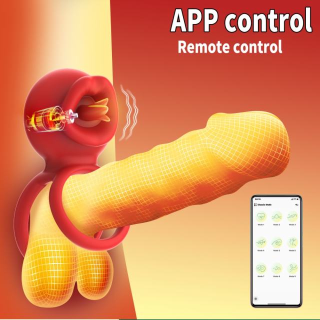 9-Mode App-Controlled Red Vibrating Cock Ring with Vibrating Tongue