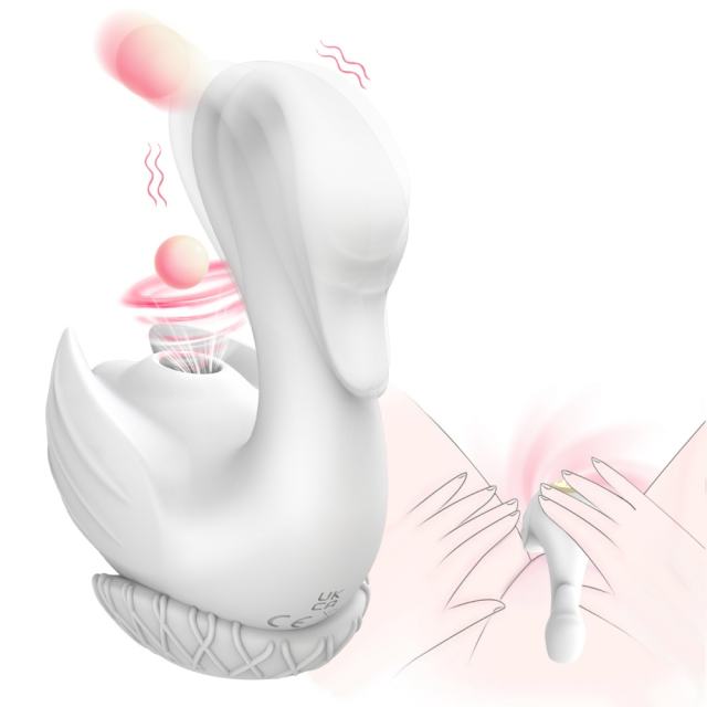 10-Mode Rechargeable White Silicone Swan-Shaped Vibrator with Sucking and Tapping