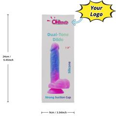 Customizable 7.88'' Dual-Tone Magenta & Blue Silicone Dildo with Balls and Suction Cup