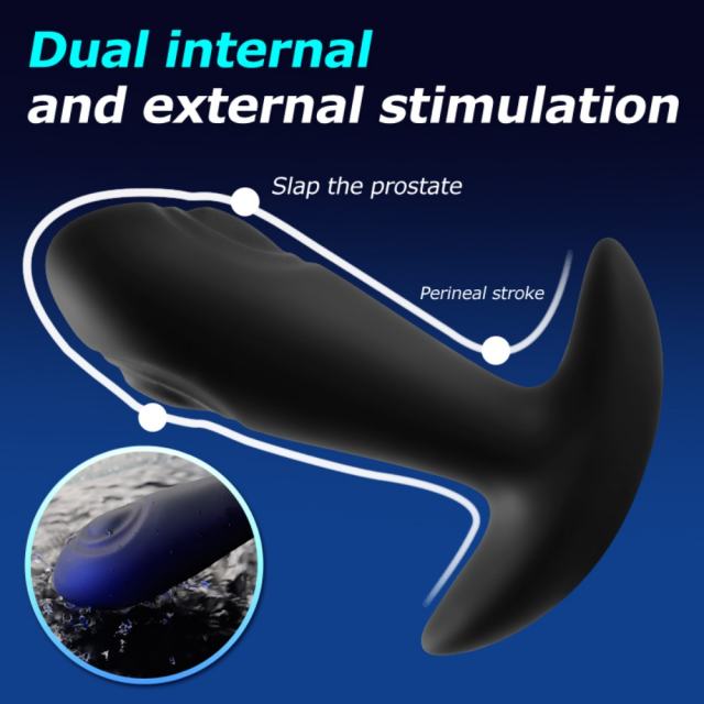 10-Mode Black Rechargeable Waterproof Remote Control Silicone Vibrating Butt Plug with Tapping Function