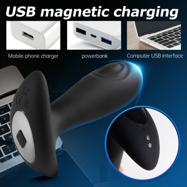 10-Mode Black Rechargeable Waterproof Remote Control Silicone Vibrating Butt Plug with Tapping Function