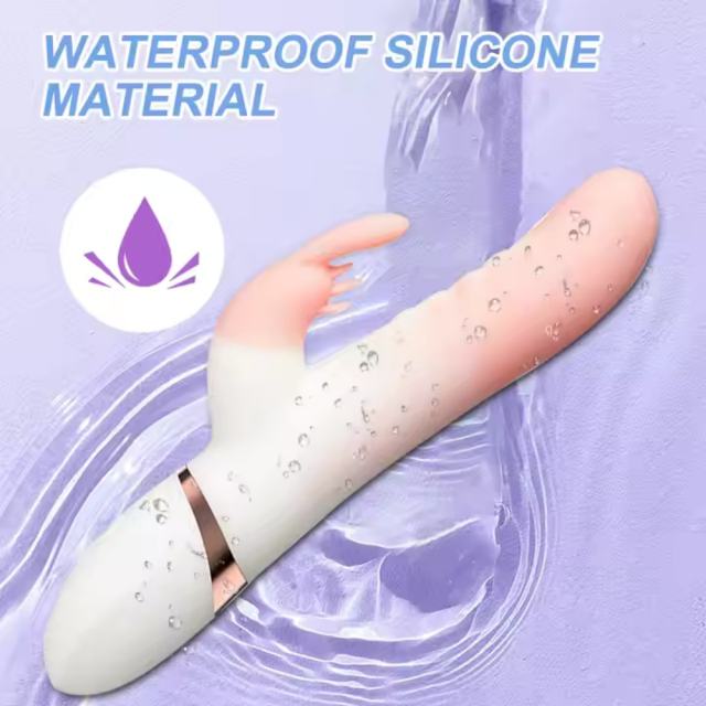 Pink and White Color 8-Mode Silicone Rechargeable Rabbit Vibrator with Thrusting and Heating Function