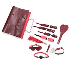 7-Piece Red/Black BDSM Bondage Set - Flogger/Cuffs/Paddle in Carry Bag