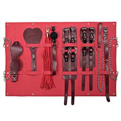 7-Piece Red/Black BDSM Bondage Set - Flogger/Cuffs/Paddle in Carry Bag