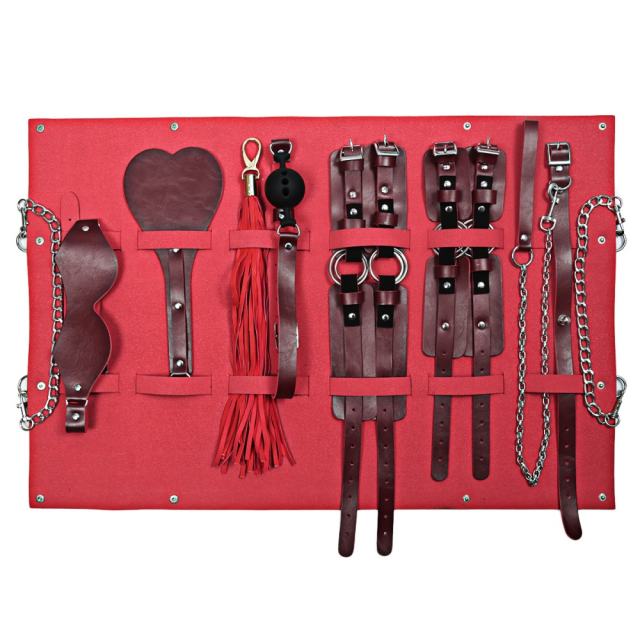 7-Piece Red/Black BDSM Bondage Set - Flogger/Cuffs/Paddle in Carry Bag