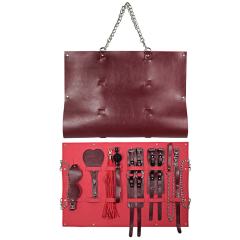 7-Piece Red/Black BDSM Bondage Set - Flogger/Cuffs/Paddle in Carry Bag
