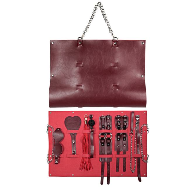 7-Piece Red/Black BDSM Bondage Set - Flogger/Cuffs/Paddle in Carry Bag