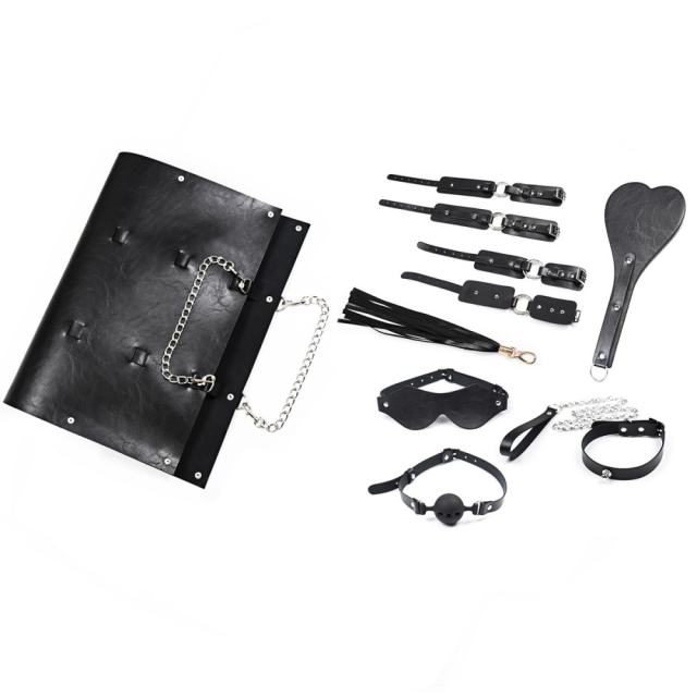 7-Piece Red/Black BDSM Bondage Set - Flogger/Cuffs/Paddle in Carry Bag