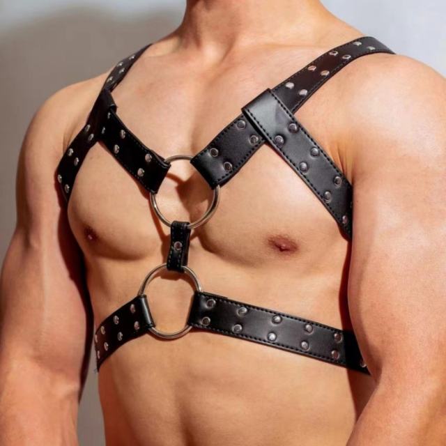 Men's Chest Harness - Black PU Leather & Metal Studs-Fetish Body Bondage Accessory Type I