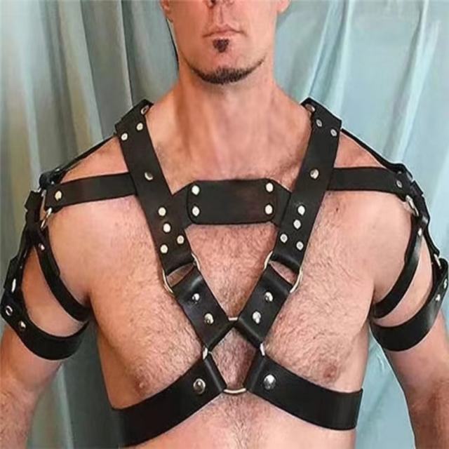 Men's Chest Harness - Black PU Leather & Metal Studs-Fetish Body Bondage Accessory Type II