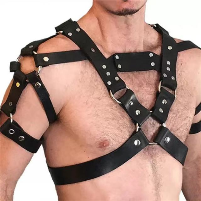 Men's Chest Harness - Black PU Leather & Metal Studs-Fetish Body Bondage Accessory Type II