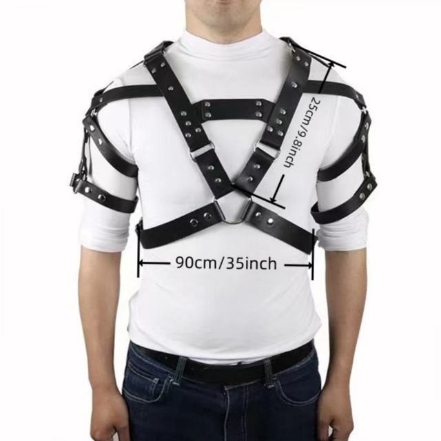 Men's Chest Harness - Black PU Leather & Metal Studs-Fetish Body Bondage Accessory Type II